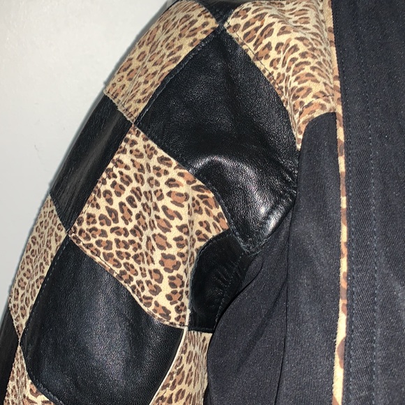 Vtg 80s rare unique leopard checked leather new wave  batwing wrap jacket L - Picture 12 of 15